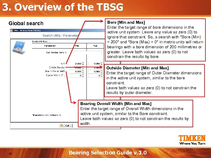 3. Overview of the TBSG Global search Bore [Min and Max] Enter the target