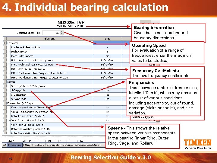 4. Individual bearing calculation Bearing information Gives basic part number and boundary dimensions. Operating