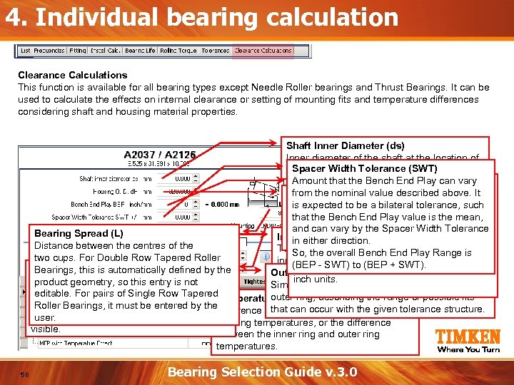 4. Individual bearing calculation Clearance Calculations This function is available for all bearing types