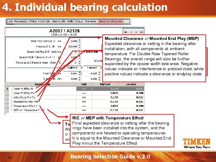 4. Individual bearing calculation Mounted Clearance or Mounted End Play (MEP) Expected clearance or