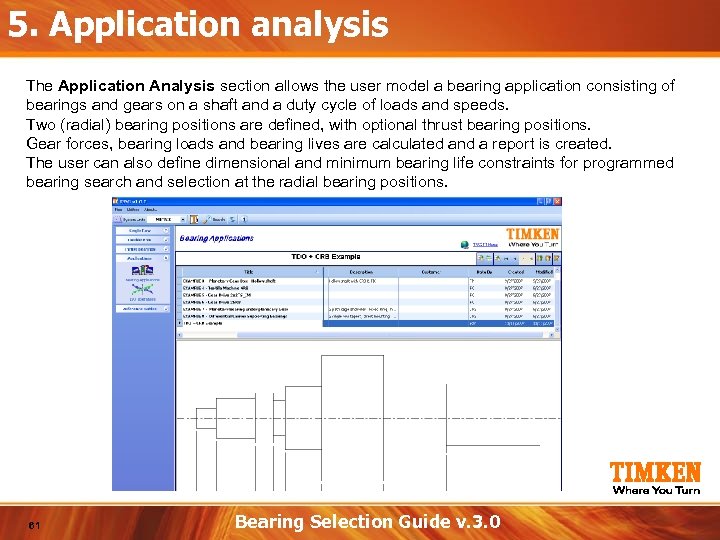 5. Application analysis The Application Analysis section allows the user model a bearing application