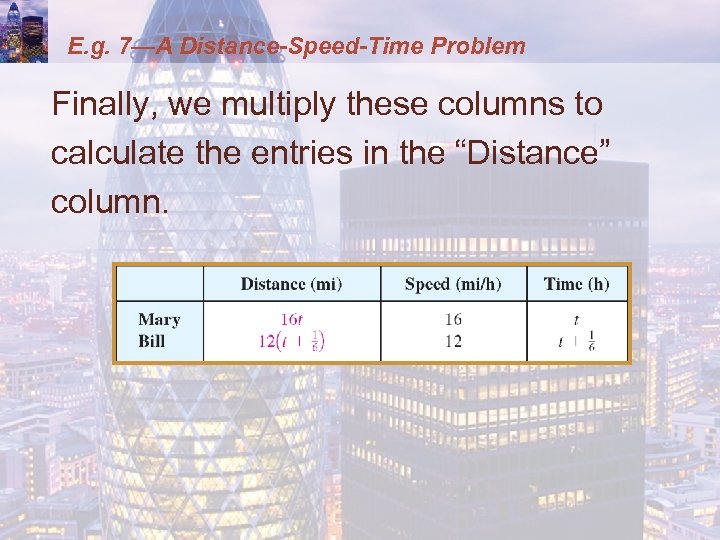 E. g. 7—A Distance-Speed-Time Problem Finally, we multiply these columns to calculate the entries