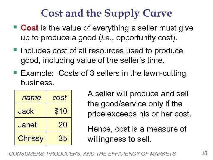 Cost and the Supply Curve § Cost is the value of everything a seller