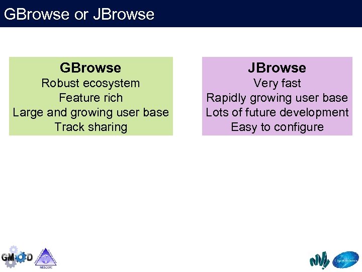 GBrowse or JBrowse GBrowse JBrowse Robust ecosystem Feature rich Large and growing user base