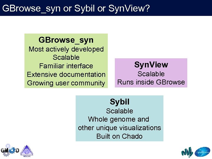 GBrowse_syn or Sybil or Syn. View? GBrowse_syn Most actively developed Scalable Familiar interface Extensive