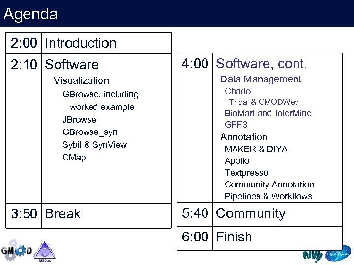 Agenda 2: 00 Introduction 2: 10 Software Visualization GBrowse, including worked example JBrowse GBrowse_syn