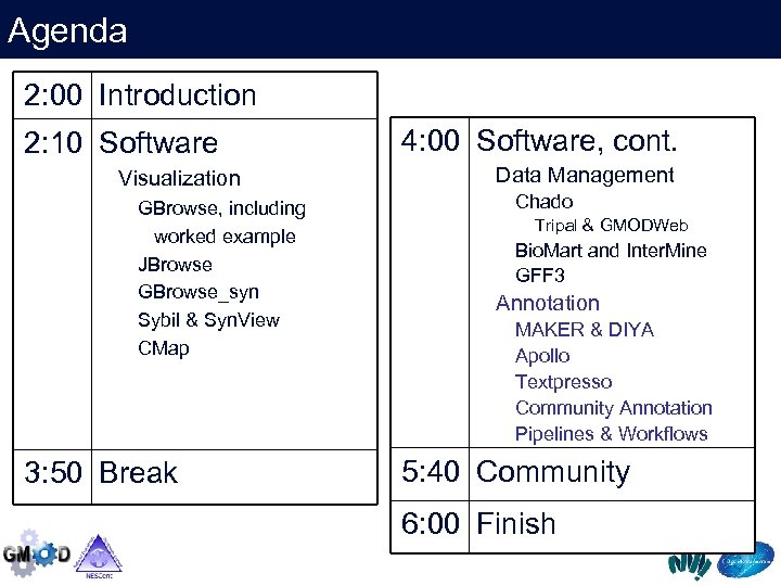 Agenda 2: 00 Introduction 2: 10 Software Visualization GBrowse, including worked example JBrowse GBrowse_syn