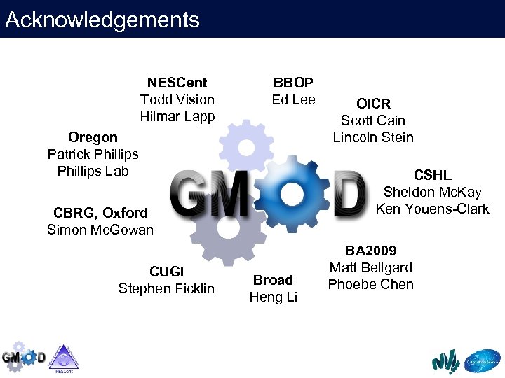 Acknowledgements NESCent Todd Vision Hilmar Lapp BBOP Ed Lee Oregon Patrick Phillips Lab CSHL