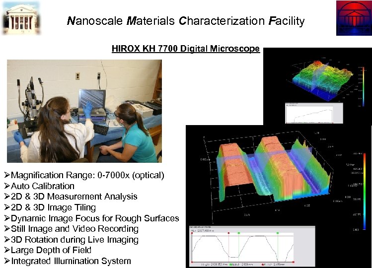 Nanoscale Materials Characterization Facility HIROX KH 7700 Digital Microscope ØMagnification Range: 0 -7000 x