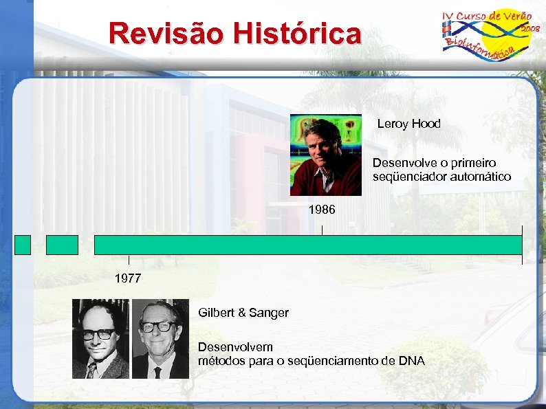Revisão Histórica Leroy Hood Desenvolve o primeiro seqüenciador automático 1986 1977 Gilbert & Sanger