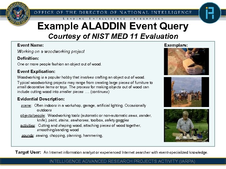 Example ALADDIN Event Query Courtesy of NIST MED 11 Evaluation Event Name: Working on