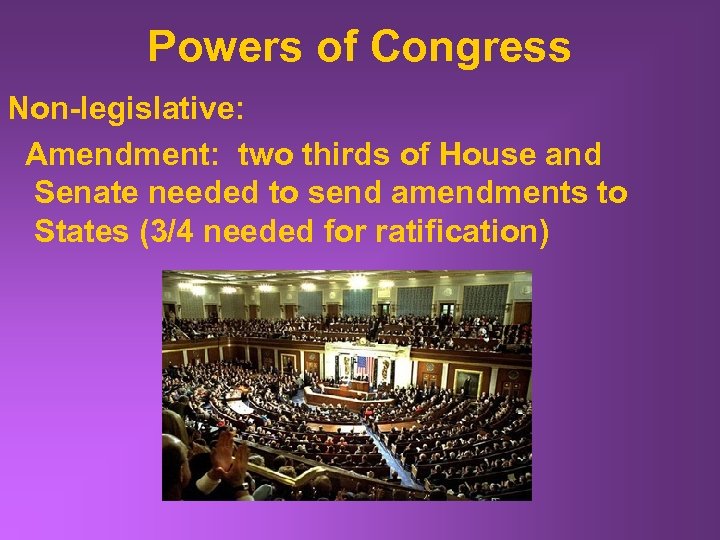 Powers of Congress Non-legislative: Amendment: two thirds of House and Senate needed to send