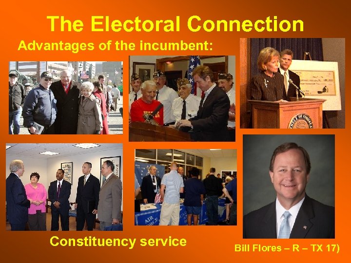 The Electoral Connection Advantages of the incumbent: Constituency service Bill Flores – R –