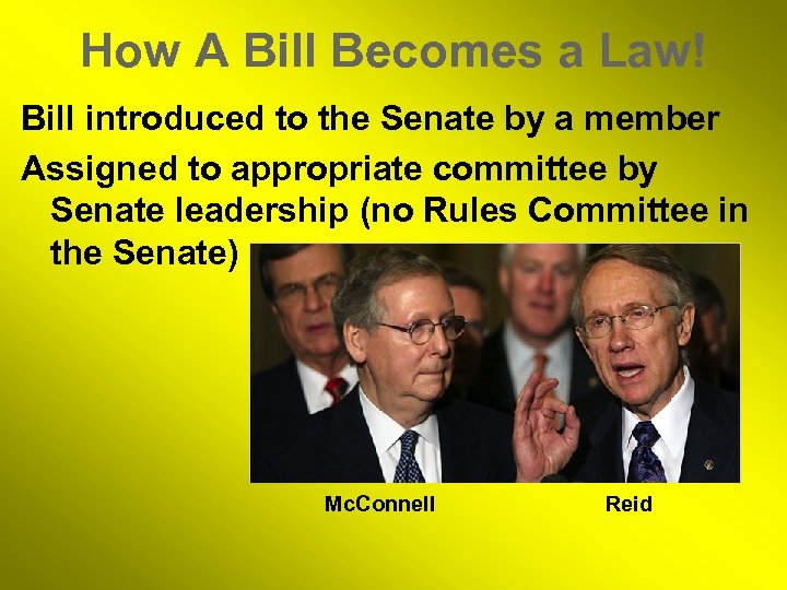 How A Bill Becomes a Law! Bill introduced to the Senate by a member