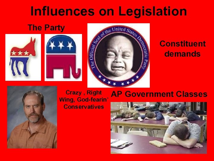 Influences on Legislation The Party Constituent demands Crazy , Right Wing, God-fearin’ Conservatives AP