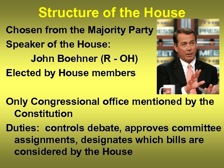 Structure of the House Chosen from the Majority Party Speaker of the House: John