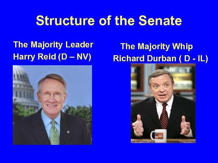 Structure of the Senate The Majority Leader Harry Reid (D – NV) The Majority