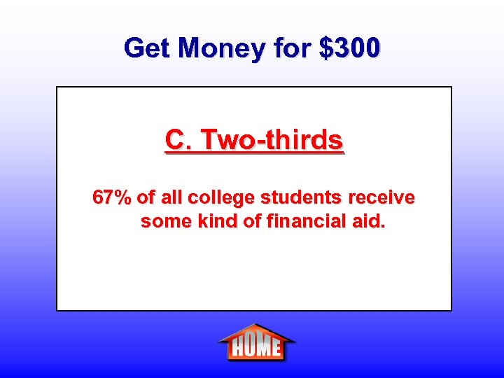 Get Money for $300 C. Two-thirds 67% of all college students receive some kind