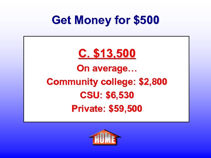 Get Money for $500 C. $13, 500 On average… Community college: $2, 800 CSU: