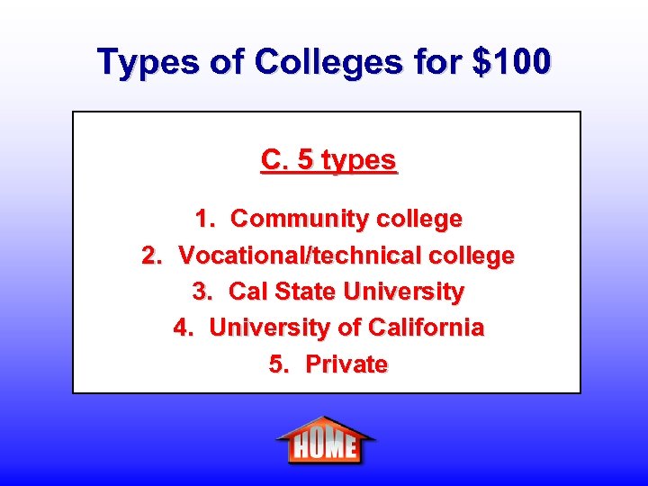 Types of Colleges for $100 C. 5 types 1. Community college 2. Vocational/technical college