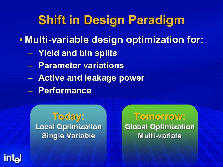 Shift in Design Paradigm • Multi-variable design optimization for: – – Yield and bin