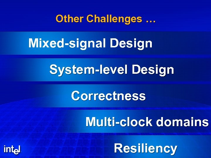 Other Challenges … Mixed-signal Design System-level Design Correctness Multi-clock domains Resiliency 
