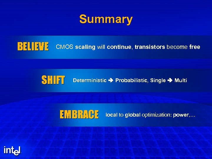 Summary BELIEVE CMOS scaling will continue, transistors become free SHIFT Deterministic Probabilistic, Single Multi