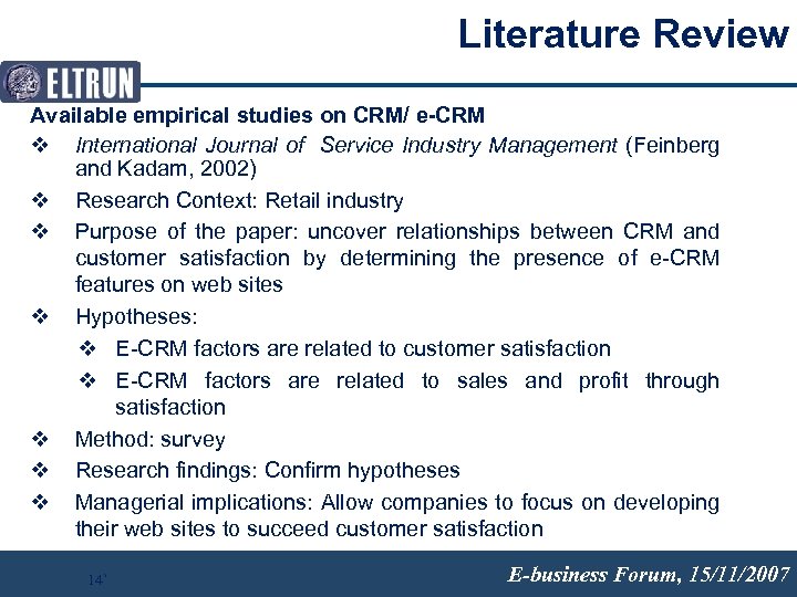 Literature Review Available empirical studies on CRM/ e-CRM v International Journal of Service Industry