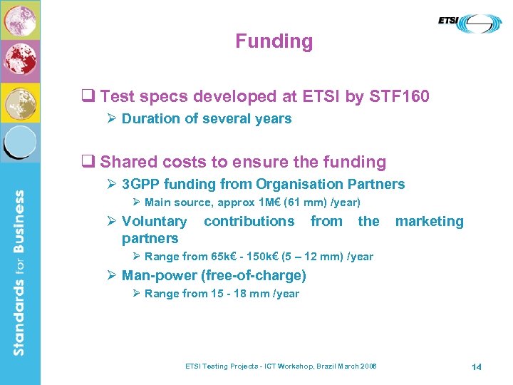 Funding q Test specs developed at ETSI by STF 160 Ø Duration of several