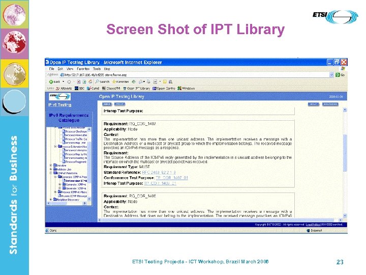 Screen Shot of IPT Library ETSI Testing Projects - ICT Workshop, Brazil March 2006