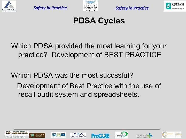 Safety in Practice PDSA Cycles Which PDSA provided the most learning for your practice?