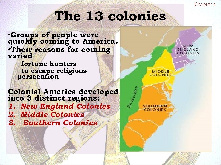 The 13 colonies • Groups of people were quickly coming to America. • Their