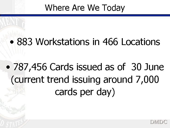 Where Are We Today • 883 Workstations in 466 Locations • 787, 456 Cards