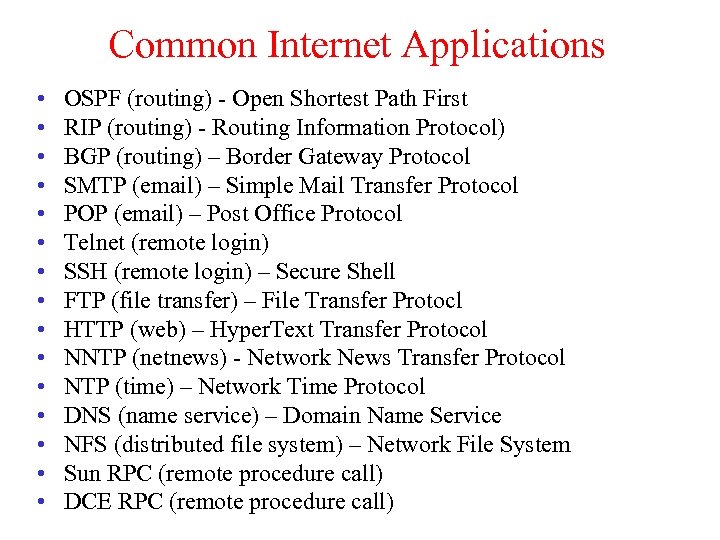 Common Internet Applications • • • • OSPF (routing) - Open Shortest Path First