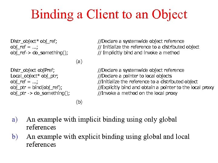 Binding a Client to an Object Distr_object* obj_ref; obj_ref = …; obj_ref-> do_something(); //Declare