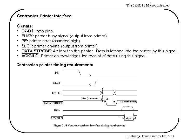 The 68 HC 11 Microcontroller Centronics Printer Interface Signals: • D 7 -D 1: