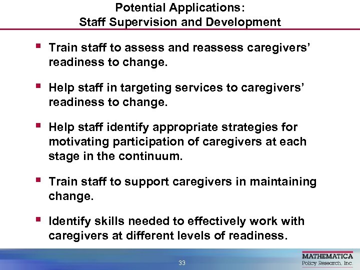 Potential Applications: Staff Supervision and Development § Train staff to assess and reassess caregivers’