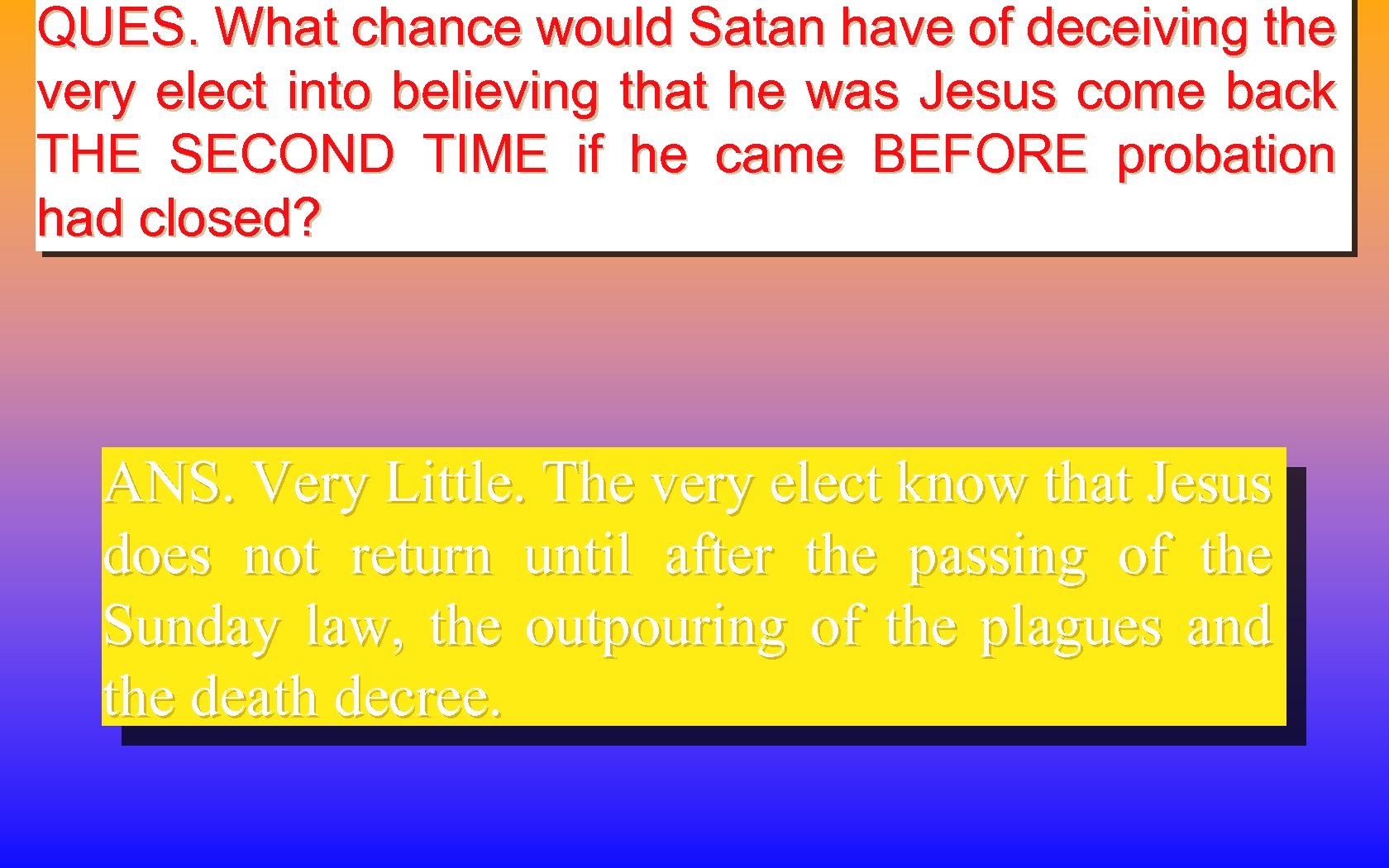 QUES. What chance would Satan have of deceiving the very elect into believing that