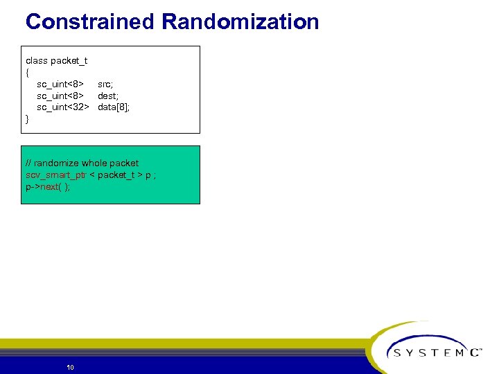 Constrained Randomization class packet_t { sc_uint<8> src; sc_uint<8> dest; sc_uint<32> data[8]; } // randomize