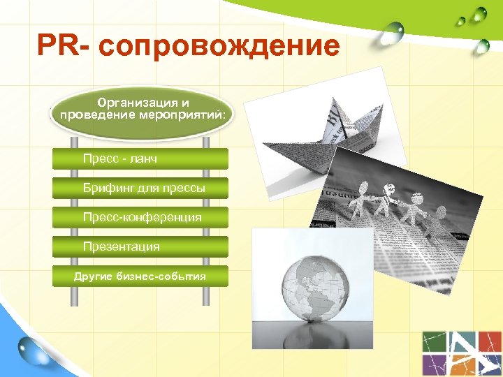 PR- сопровождение Организация и проведение мероприятий: Пресс - ланч Брифинг для прессы Пресс-конференция Презентация