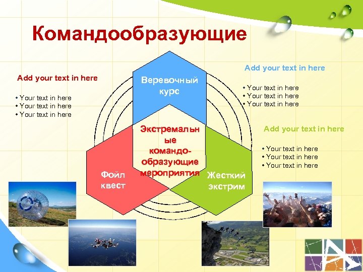 Командообразующие Add your text in here Веревочный курс • Your text in here Фойл