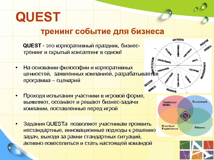 QUEST тренинг событие для бизнеса QUEST - это корпоративный праздник, бизнестренинг и скрытый консалтинг