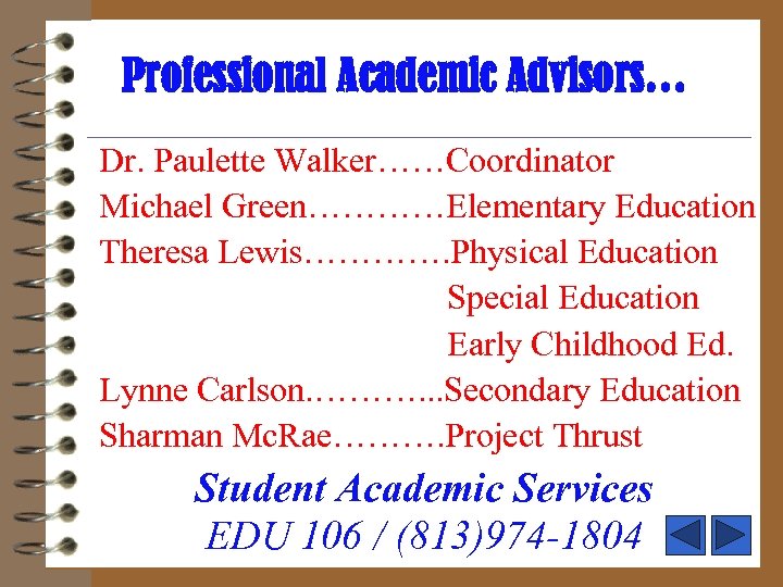 Professional Academic Advisors… Dr. Paulette Walker……Coordinator Michael Green…………Elementary Education Theresa Lewis…………. Physical Education Special