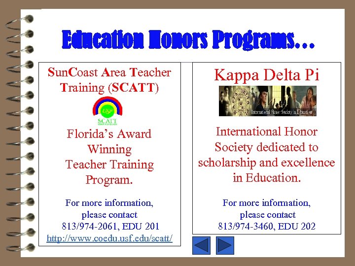 Education Honors Programs… Sun. Coast Area Teacher Training (SCATT) Kappa Delta Pi Florida’s Award