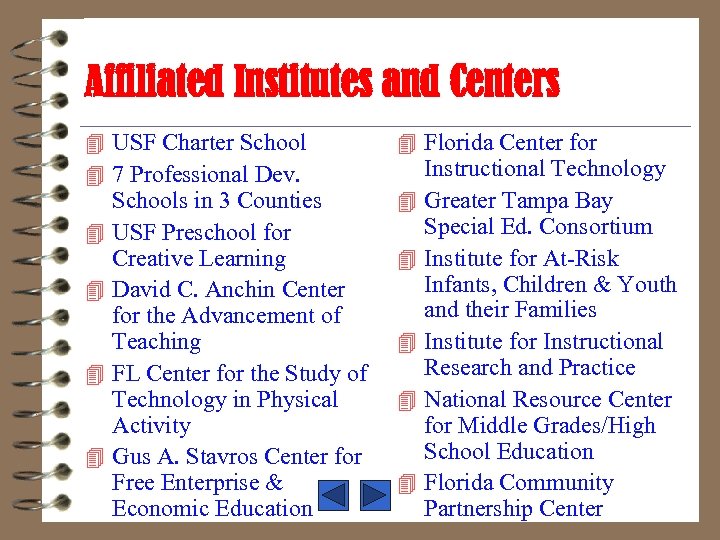 Affiliated Institutes and Centers 4 USF Charter School 4 7 Professional Dev. 4 4