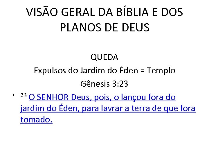 VISÃO GERAL DA BÍBLIA E DOS PLANOS DE DEUS • QUEDA Expulsos do Jardim