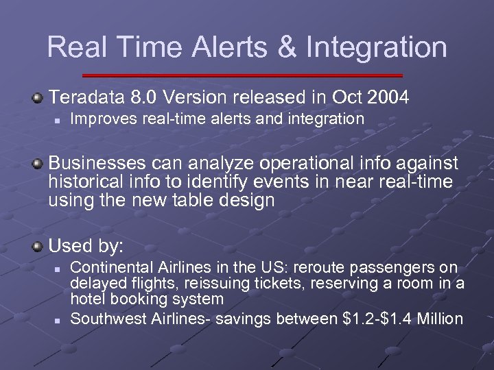 Real Time Alerts & Integration Teradata 8. 0 Version released in Oct 2004 n