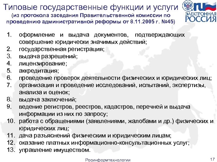 Типовые государственные функции и услуги (из протокола заседания Правительственной комиссии по проведению административной реформы