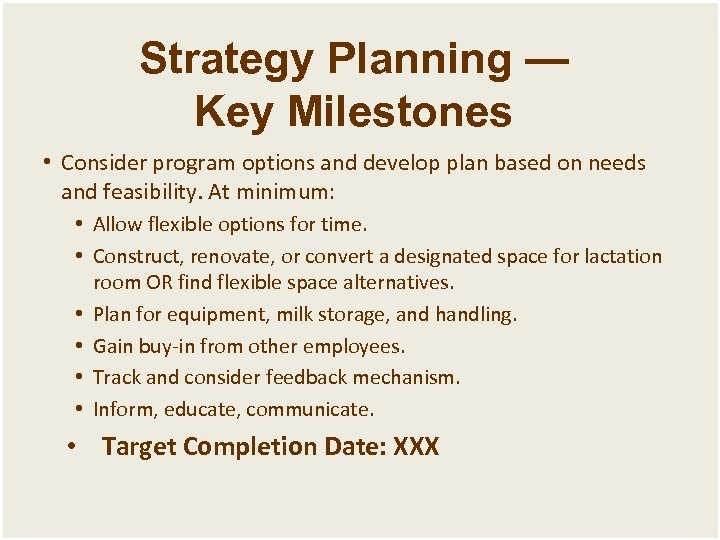 Strategy Planning — Key Milestones • Consider program options and develop plan based on