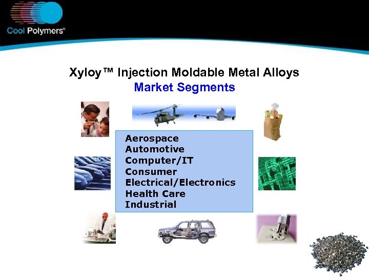 Xyloy™ Injection Moldable Metal Alloys Market Segments Aerospace Automotive Computer/IT Consumer Electrical/Electronics Health Care